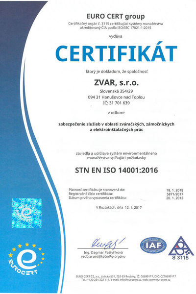 Cертификаты - Zvar, s.r.o. | Всемирное агентство по промышленному монтажу и подборе персонала