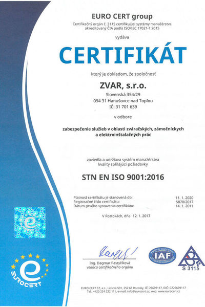 Certifikáty - Zvar, s.r.o. | Celosvetové priemyselné montáže a personálna agentúra