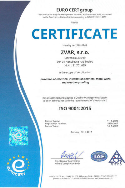 Cертификаты - Zvar, s.r.o. | Всемирное агентство по промышленному монтажу и подборе персонала
